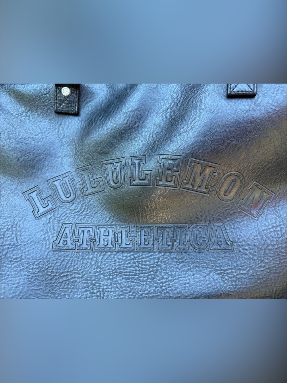 lululemon athletica Black Faux Leather Duffel with Striped Shoulder Strap, EUC!! - Picture 2 of 16